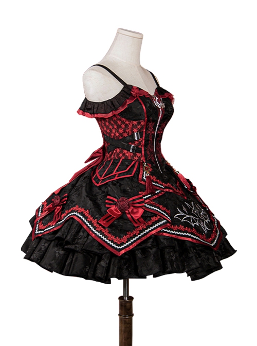 Black-Red Gorgeous Embroidered Jacquard Bat Detachable Tassel Bowknot Lacing Halloween Gothic Lolita Sleeveless Dress