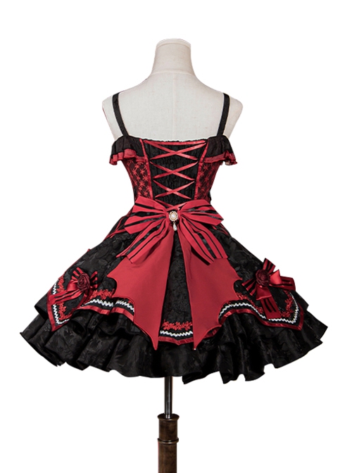 Black-Red Gorgeous Embroidered Jacquard Bat Detachable Tassel Bowknot Lacing Halloween Gothic Lolita Sleeveless Dress