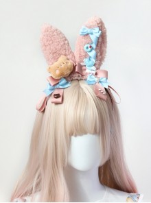 Pink Plush Rabbit Ears Sweet Lolita Little Bear Candy Decoration Bowknot Headband