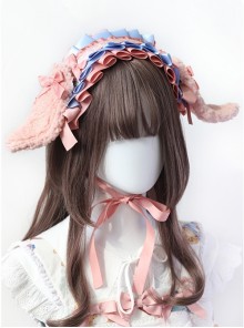 Sweet Lolita Plush Lop-Eared Rabbit Ears Pink-Blue Color Contrast Bowknot Headband