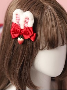 Red Bowknot Plaid Plush Rabbit Ear Strawberry Cute Sweet Lolita Hair Clip