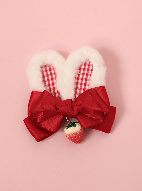 Red Bowknot Plaid Plush Rabbit Ear Strawberry Cute Sweet Lolita Hair Clip