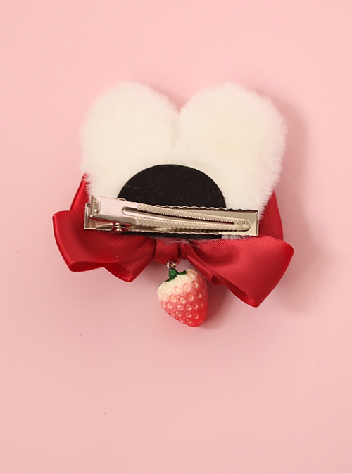 Red Bowknot Plaid Plush Rabbit Ear Strawberry Cute Sweet Lolita Hair Clip