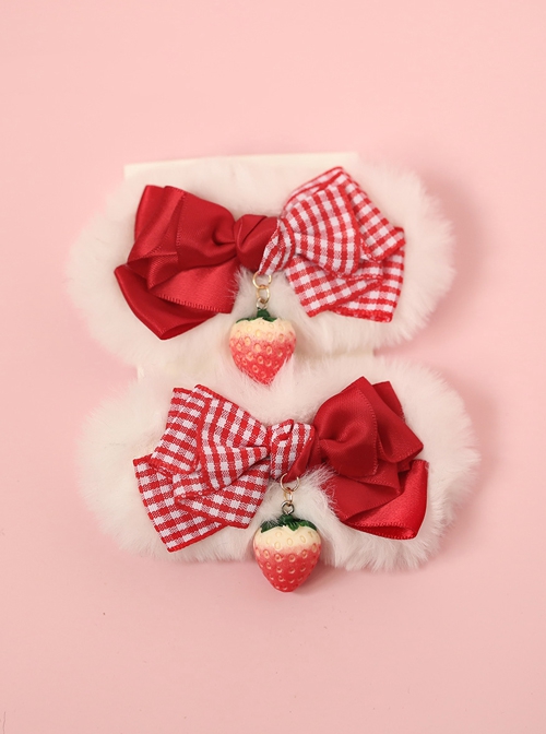 Cute Plush Red Plaid Bowknot Strawberry Sweet Lolita Hair Clip