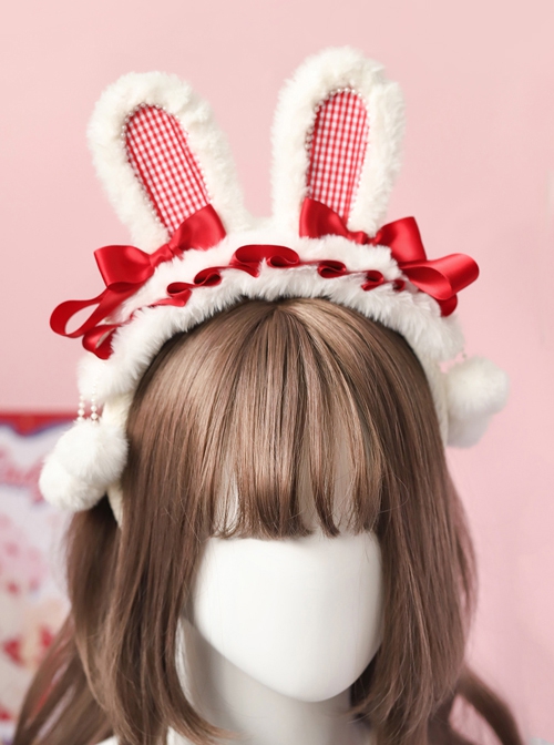 White Cute Plush Rabbit Ears Red Plaid Bowknot Decoration Sweet Lolita Headband