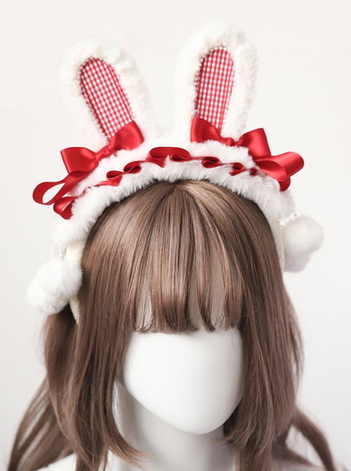 White Cute Plush Rabbit Ears Red Plaid Bowknot Decoration Sweet Lolita Headband