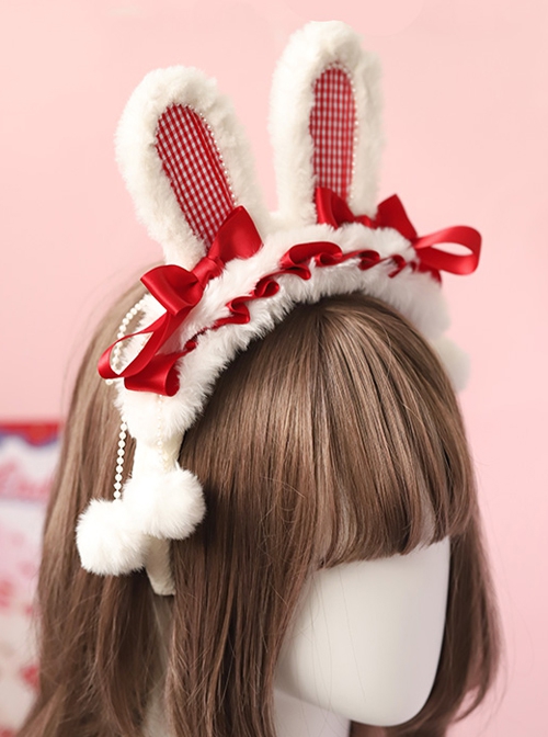 White Cute Plush Rabbit Ears Red Plaid Bowknot Decoration Sweet Lolita Headband