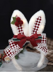 Christmas Red-White Plaid Cute Plush Rabbit Ears Flashing Lights Sweet Lolita Headband