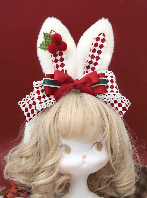 Christmas Red-White Plaid Cute Plush Rabbit Ears Flashing Lights Sweet Lolita Headband