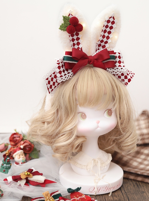 Christmas Red-White Plaid Cute Plush Rabbit Ears Flashing Lights Sweet Lolita Headband