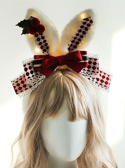 Christmas Red-White Plaid Cute Plush Rabbit Ears Flashing Lights Sweet Lolita Headband