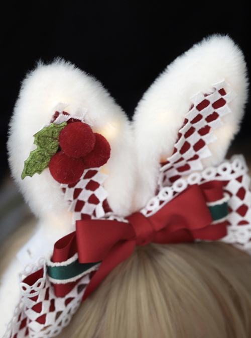 Christmas Red-White Plaid Cute Plush Rabbit Ears Flashing Lights Sweet Lolita Headband