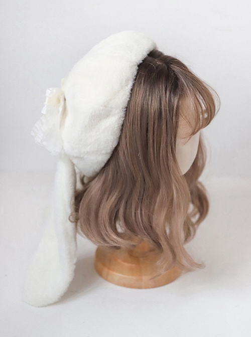 Solid Color Autumn Winter Plush Rabbit Ears Bowknot Sweet Lolita Beret
