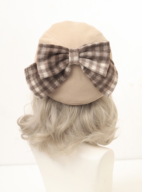 Retro British Style Cute Little Bear Plaid Bowknot Decoration All-Match School Lolita Beret