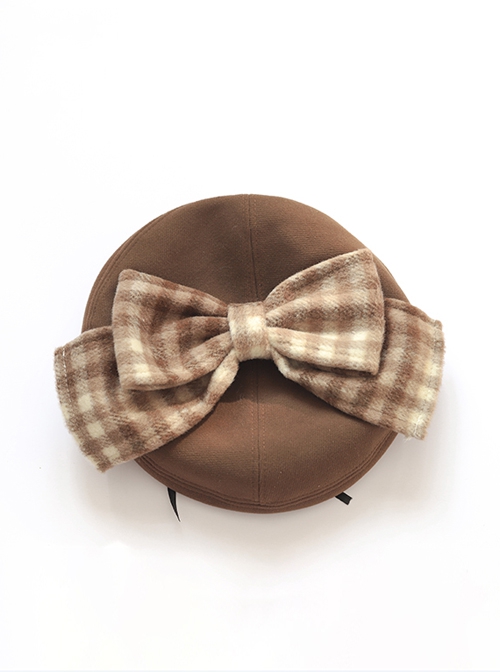 Retro British Style Cute Little Bear Plaid Bowknot Decoration All-Match School Lolita Beret