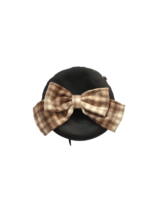 Retro British Style Cute Little Bear Plaid Bowknot Decoration All-Match School Lolita Beret