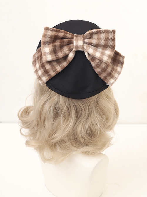 Retro British Style Cute Little Bear Plaid Bowknot Decoration All-Match School Lolita Beret