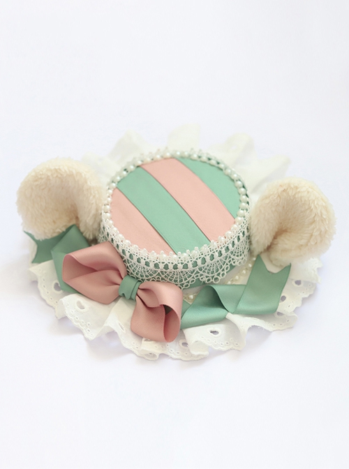 Cute Plush Little Bear Ears Lace Decoration Pink Green Bowknot Sweet Lolita Little Top Hat