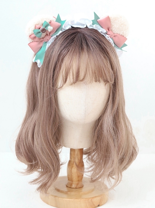 Pink-Green Bowknot Sweet Lolita Plush Bear Ears Donut Girly Headband