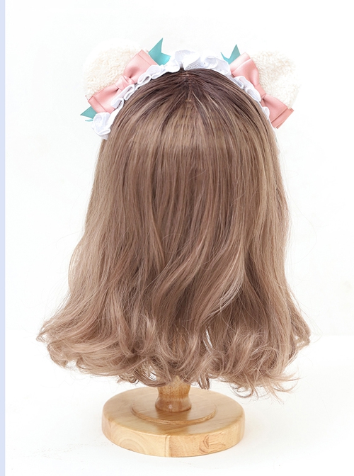 Pink-Green Bowknot Sweet Lolita Plush Bear Ears Donut Girly Headband