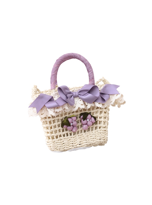 Vintage Pastoral Style Lace Grass Woven Grape Decorative Bowknot Sweet Lolita HandBag