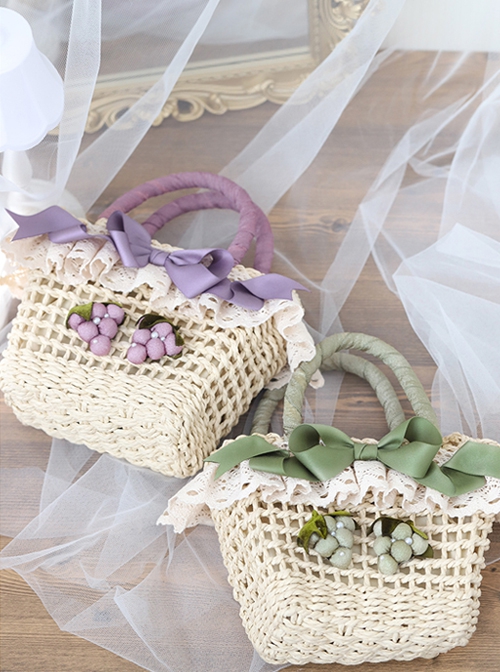 Vintage Pastoral Style Lace Grass Woven Grape Decorative Bowknot Sweet Lolita HandBag