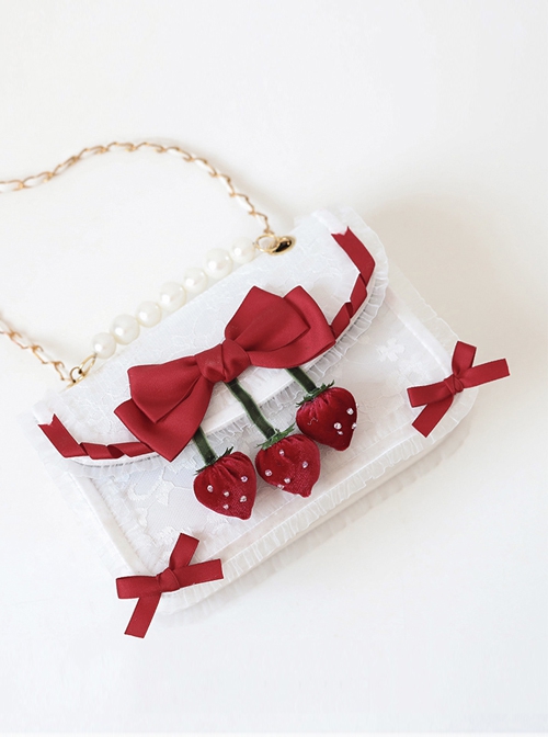 Cute Sweet Little Strawberry Red Bowknot Decoration Small Square Bag Sweet Lolita Portable Messenger Bag