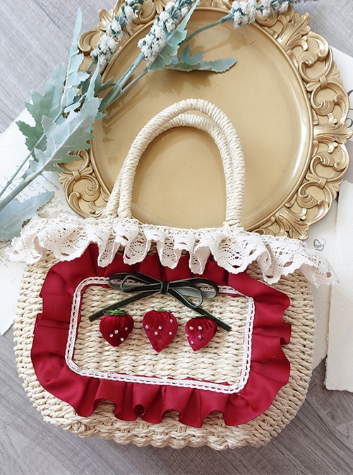 Pastoral Style Lace Grass Weave Spring Outing Cute Sweet Little Strawberry Sweet Lolita HandBag