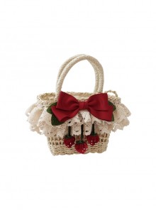 Grass Woven Pastoral Style Spring Outing Bowknot Lace Decoration Strawberry Sweet Lolita HandBag