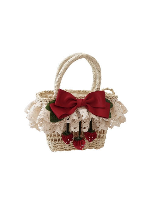 Grass Woven Pastoral Style Spring Outing Bowknot Lace Decoration Strawberry Sweet Lolita HandBag