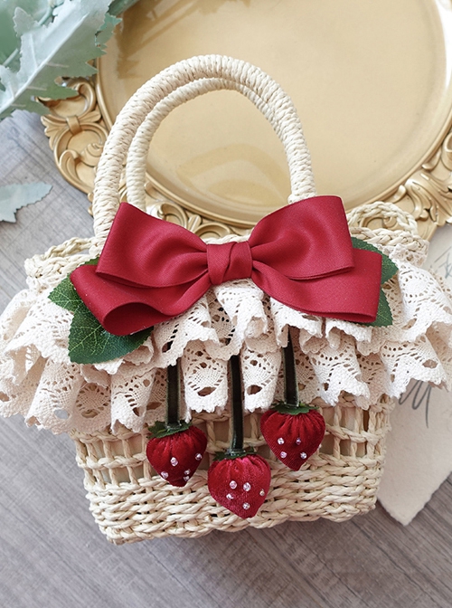 Grass Woven Pastoral Style Spring Outing Bowknot Lace Decoration Strawberry Sweet Lolita HandBag