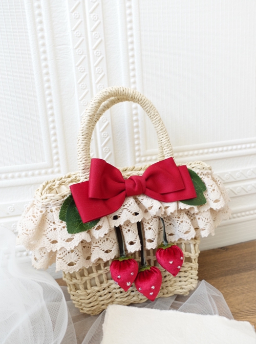 Grass Woven Pastoral Style Spring Outing Bowknot Lace Decoration Strawberry Sweet Lolita HandBag