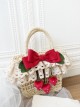 Grass Woven Pastoral Style Spring Outing Bowknot Lace Decoration Strawberry Sweet Lolita HandBag