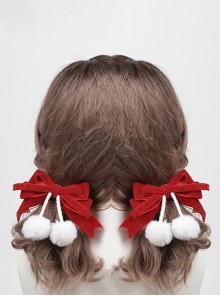 Red Shiny Bowknot Fur Ball Decorative Sweet Lolita Hair Clip