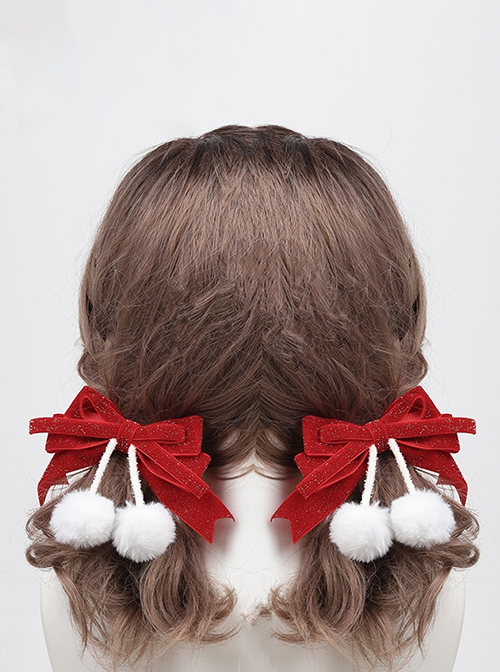 Red Shiny Bowknot Fur Ball Decorative Sweet Lolita Hair Clip