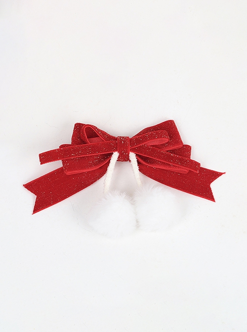 Red Shiny Bowknot Fur Ball Decorative Sweet Lolita Hair Clip