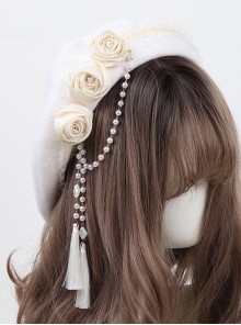 Spring Solid Elegant Rose Bead Chain Tassel Decorate Classic Lolita Beret
