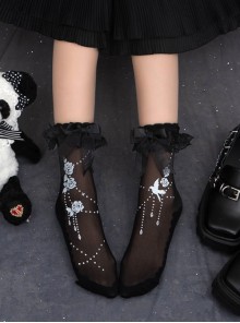 Nightingale And Rose Series Solid Lace Bowknot Gorgeous Rose Nightingale Print Classic Lolita Socks