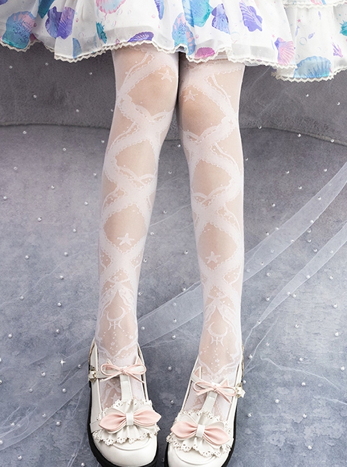 Starfish And Grit Series Solid Color Ribbon Starfish Print Summer Thin Classic Lolita Pantyhose