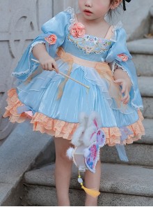 Chinese Style Han Element Embroidered Lace Contrasting Color Sweet Lolita Kids Mid-Sleeve Dress