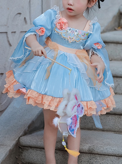 Chinese Style Han Element Embroidered Lace Contrasting Color Sweet Lolita Kids Mid-Sleeve Dress