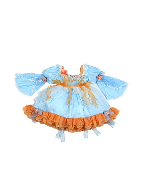 Chinese Style Han Element Embroidered Lace Contrasting Color Sweet Lolita Kids Mid-Sleeve Dress