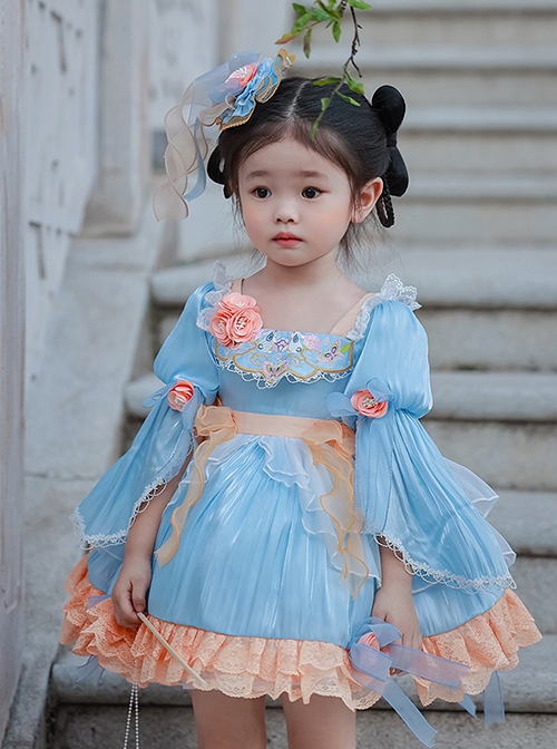 Chinese Style Han Element Embroidered Lace Contrasting Color Sweet Lolita Kids Mid-Sleeve Dress