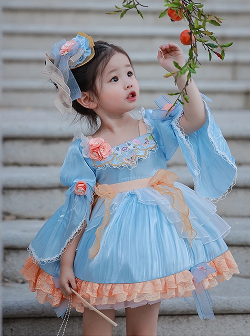 Chinese Style Han Element Embroidered Lace Contrasting Color Sweet Lolita Kids Mid-Sleeve Dress