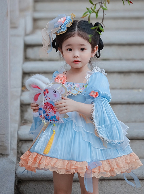 Chinese Style Han Element Embroidered Lace Contrasting Color Sweet Lolita Kids Mid-Sleeve Dress