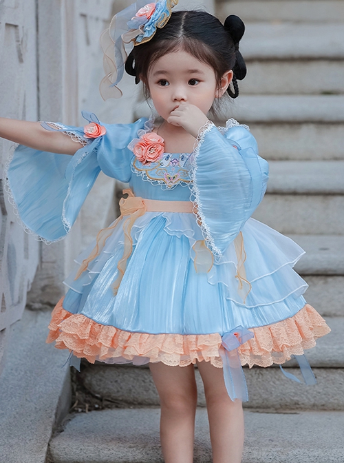 Chinese Style Han Element Embroidered Lace Contrasting Color Sweet Lolita Kids Mid-Sleeve Dress