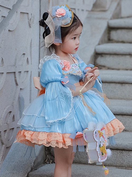 Chinese Style Han Element Embroidered Lace Contrasting Color Sweet Lolita Kids Mid-Sleeve Dress