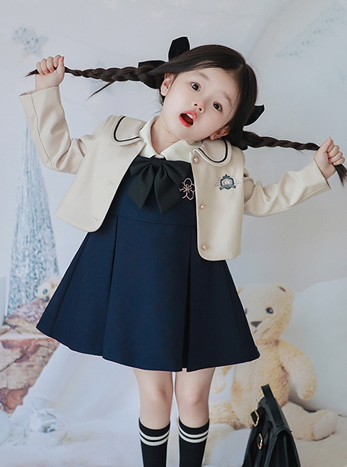 College Style Simple All-Match Sleeveless Dress Lapel Long-Sleeved Coat School Lolita Kids Suit