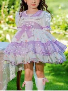 Purple Lapel Broken Flowers Lace Puff Sleeve Princess Dress Sweet Lolita Kids Short-Sleeved Dress