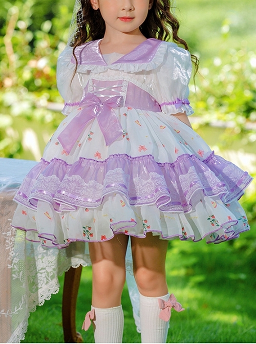 Purple Lapel Broken Flowers Lace Puff Sleeve Princess Dress Sweet Lolita Kids Short-Sleeved Dress